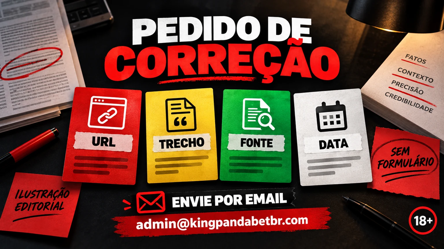 Modelo editorial de correção com URL, trecho, fonte, data e escopo