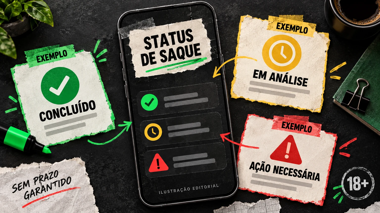 Tabela de status do saque, evidência e próxima ação segura